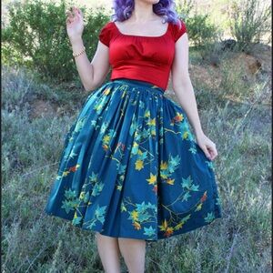 Pinup Couture Teal Skirt with Leaf Patterns